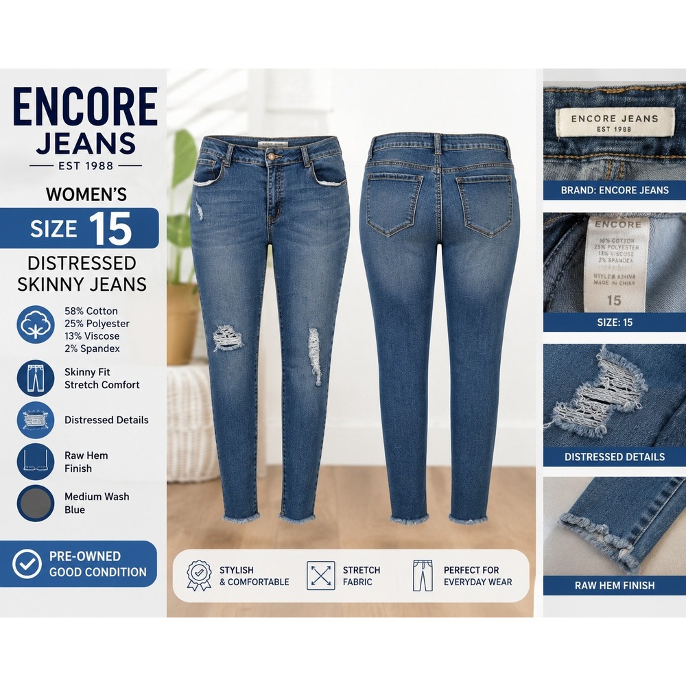 Encore Jeans Womens Size 15 Distressed Skinny Jeans Medium Wash Raw Hem 8148F